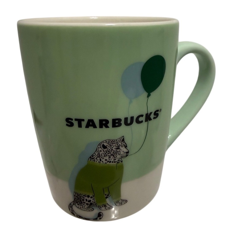 Starbucks 2020 Leopard in Sweater Balloons Mint Green Ceramic Coffee Mug 10oz
